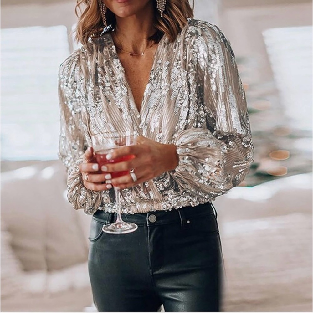 Sparkle Top Elegant Silver Cocktail Party Night Blouses Size Large